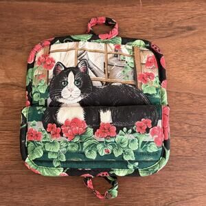 Vintage Franco Cat pot holder oven mitt black white tuxedo red flowers garden